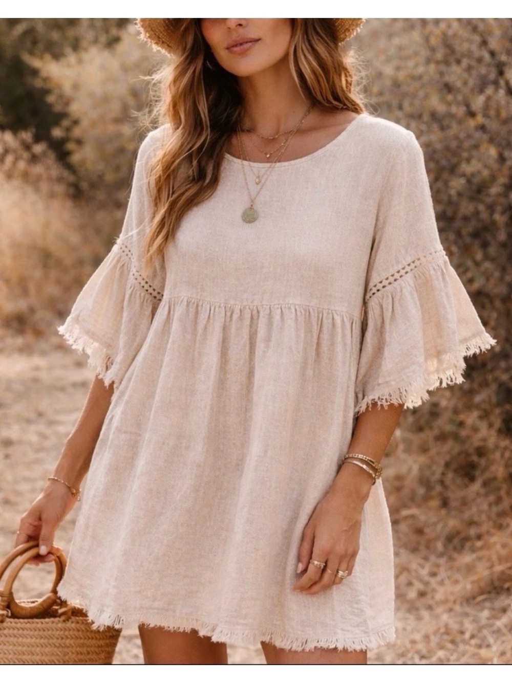 HYFVE Fringed Bell Sleeve Tunic Dress in Natural Beige